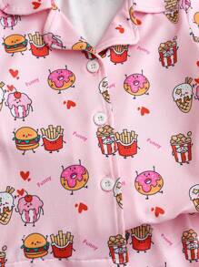Baby Girl Cute Light Pink Summer Holiday Graphic Shorts Set,Cartoon Burger Fries Doughnut Print Short Sleeve Cardigan Soft Comfortable Home Outfit - Pink - View 7