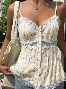 SHEIN Women's Ditsy Floral Spaghetti Strap With Lace Trim Camisole, Suitable For Summer - White - View 5