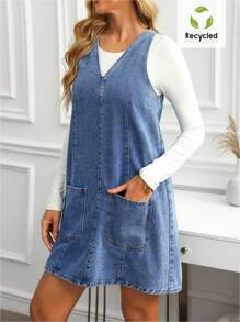 EMERY ROSE 女式休闲无袖牛仔连衣裙，带双口袋，夏季 - 藍色 - 查看 4