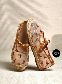 SHUZIA 女士宽版草编花卉刺绣网眼蝴蝶结玛丽珍平底鞋