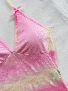 Soleia WYWH Women's Elastic Knit Elegant Casual Summer Gradient Lace Print Halter Neck Tied Bow Short Top, Suitable For Wedding Season - Pink - View 7