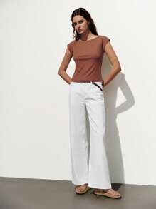 Lumivelle 1 pièce T-shirt décontracté à manches à volants et encolure dégagée pour femmes, top basique d'été