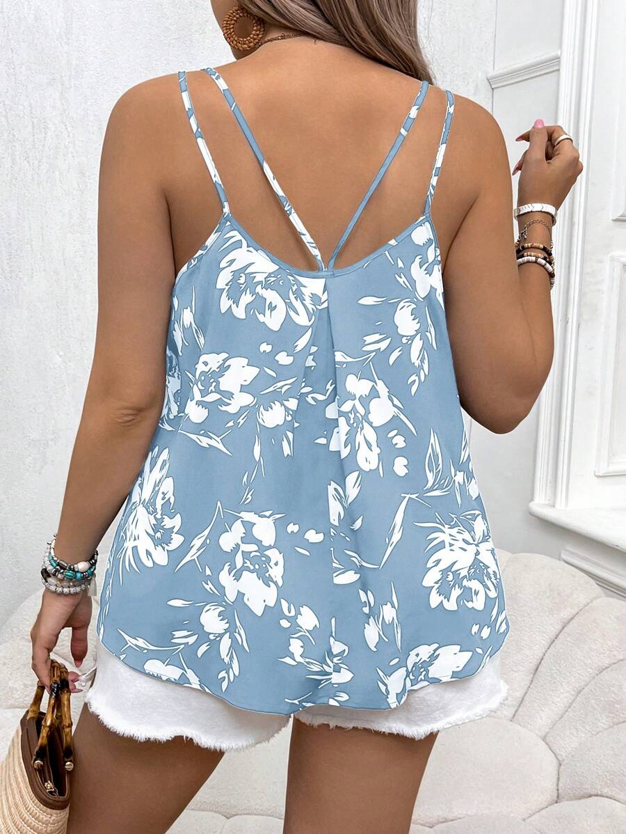 SHEIN VCAY Plus Size Floral Print Cami Top - Baby Blue - View 1