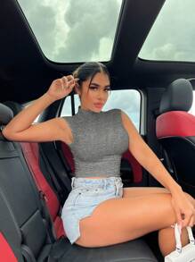SHEIN SXY Camiseta de cuello alto con estampado liso de moda sexy de verano - Gris Oscuro - Ver 5