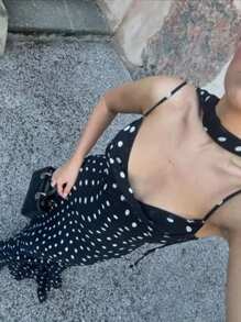 Siren Gaze 夏季婚礼宾客礼服 | 海岛度假和蜜月装 女士 2025 黑色波点露肩长裙，可拆卸围巾，荷叶边不对称下摆 - 女士泳池派对和沙滩装，节日气息十足的度假装