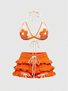 ROMWE Fairycore Y2K Style Crochet Women's Knitted Beach Resort Outfit Set - Orange - View 1
