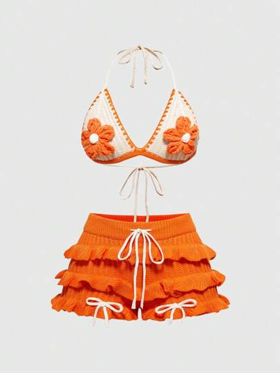 Fairycore Y2K Style Crochet Women's Knitted Beach Resort Outfit Set