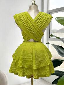 Ceyna Vestido de playa de vacaciones con aberturas cruzadas, bajo de volantes y diseño hueco para mujer talla grande, nuevo diseño de moda, llegada primavera/verano