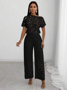 Slaydiva 25新款夏季优雅度假斜肩一字肩插肩袖短袖烂花菱格纹宽松上衣+下摆烂花阔腿裤特长裤白色女两件套 - 黑色 - 查看 3