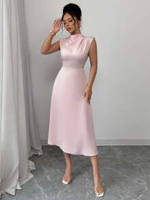 Elenzga Romantic Elegant Draped A-Line Midi Dress - Pink - View 3