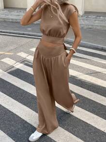 Serisse 2pcs/Set Atasan Crop Tanpa Lengan dengan Tali Belakang dan Celana Panjang Slim Fit Warna Polos untuk Wanita, Warna Cokelat, Kasual Musim Semi. - Khaki - View 6