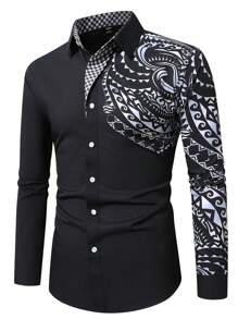 Manfinity AFTRDRK 男士单排扣复古印花休闲长袖衬衫，男士设计师衬衫，黑色设计衬衫，男士时尚衬衫，秋季