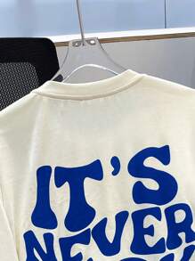 SHEIN 2 件套青少年男童休闲短袖短裤套装，街头朋克摇滚学院风，适合日常、派对、音乐节、春夏季、青少年服装，绿色和卡其色，图案印花 - 寶藍色 - 查看 3