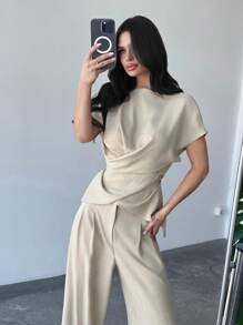 Firerie 女士优雅通勤裹胸系带上衣和阔腿裤套装 - 杏色 - 查看 7