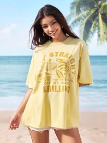 Shark Week X SHEIN Hai- & Buchstabengrafikprint Crew-Ausschnitt Kurzarm T-Shirt - Gelb - Übersicht 1