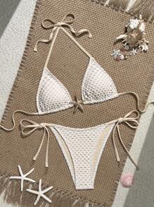 Swim Vcay 2 قطعة / مجموعة بكيني بحلقة العنق المثلثية الشبكية مزين بشكل نجمة البحر ذات أربطة للجزء السفلي، ملابس السباحة الأنيقة والجذابة