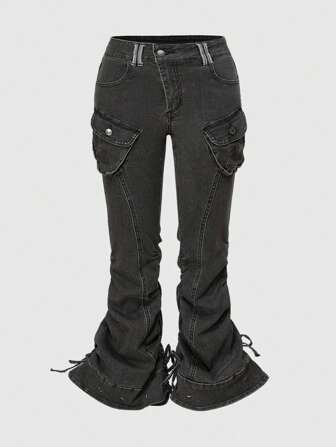 Grunge Punk سروال كابري نسائي من الجينز ذو تصميم منخفض الخصر مع تصميم خصر مموج وجلبان على الطراز الفيتنامي والبانك