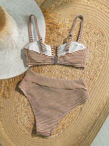 SHEIN VCAY Bộ đồ bơi bikini sọc gợi cảm đi biển mùa hè cho nữ - màu nâu - Xem 2