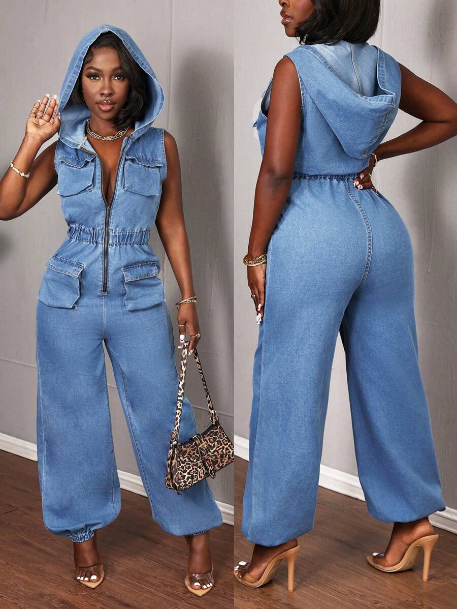 Slaydiva 女士牛仔工装裤和连体裤 修身连帽工装口袋连体裤 蓝色连体裤 街头风 - 淺色水洗藍 - 查看 1