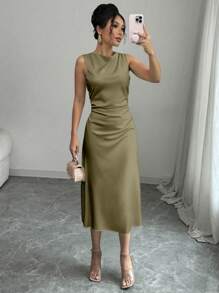 女士优雅长腰褶皱设计连衣裙