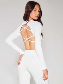 Musera Sport Cross Back Crop Long Sleeve Gym Top, Padel, Tennis, Pickleball Gym Fitness - White - View 2