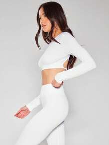 Musera Sport Cross Back Crop Long Sleeve Gym Top, Padel, Tennis, Pickleball Gym Fitness - White - View 4