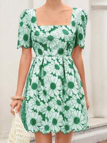 Aveloria Rosie 优雅法式度假风青春泡泡袖不对称碎花蕾丝拼布刺绣腰部喇叭A字连衣裙 - 綠色 - 查看 5