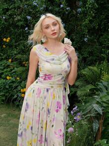 SHEIN MOD 垂領花卉3D裝飾浪漫花卉夏季度假洋裝，波希米亞風服飾 - 彩色 - 查看 6