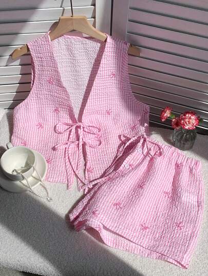 Comfortcana Conjunto de camiseta de tirantes con lazo y shorts a rayas para mujer en verano