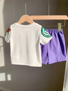 SHEIN 2pcs Baby Boys Summer Casual Sports Cartoon Basketball Print Short Sleeve T-Shirt With Elastic Waist Purple Shorts Set Outfit For Toddler Toddler Clothes Toddler Sets Summer Toddler Football Outfit Toddler Clothing - Multicolor - View 2