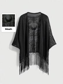 ROMWE EDITION Blusa de cárdigan con flecos asimétricos de tela con textura estilo bohemio, patrón de luna y vid vintage barroco romántico gótico para mujer, primavera/verano