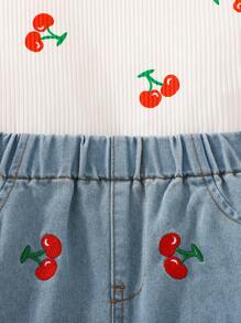 2pcs/Set Girls Fashionable Cherry Print Flounce Sleeve Top & Elastic Waist Embroidered Denim Shorts Set, Spring/Summer - Multicolor - View 5