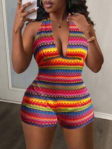 Slaydiva 2025 New Summer Women Casual Vacation Sexy Colorful Stripe Halter Backless Jumpsuit - Multicolor - View 1