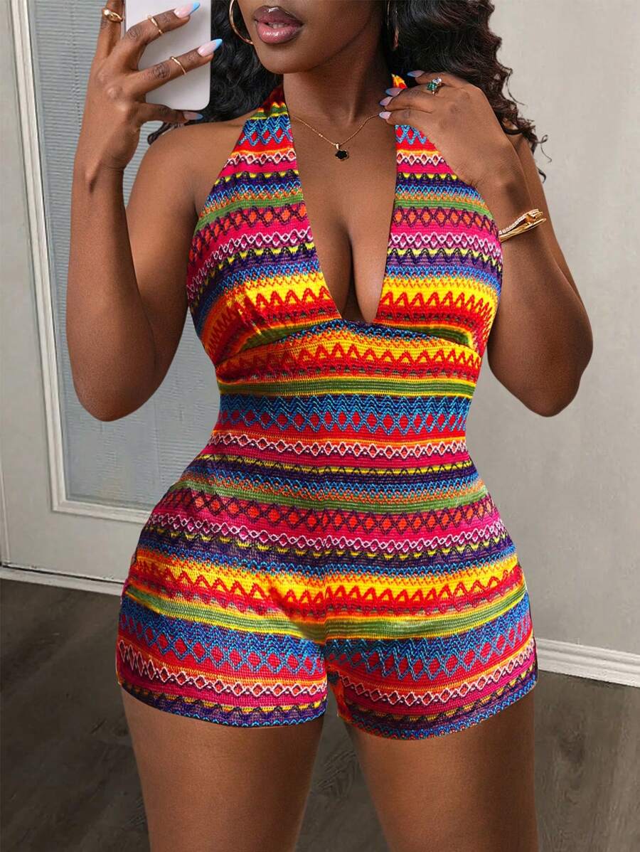 Slaydiva 2025 New Summer Women Casual Vacation Sexy Colorful Stripe Halter Backless Jumpsuit - Multicolor - View 1