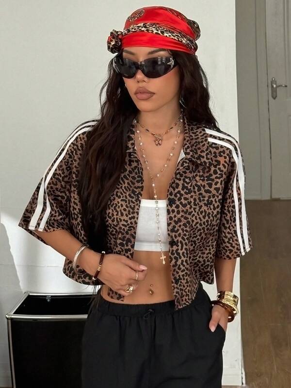 Coolane Femei Festival de vară Cuplu Același stil Country Concert Imbracaminte sport Vintage Grunge Imbracaminte zilnica Y2K Leopard Banded Textura Decoratie Crop camasi