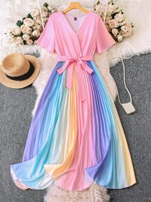 SHEIN LUNE SHEINLUNE 大码女式彩虹褶皱V领灯笼袖系腰连衣裙 - 粉色 - 查看 1