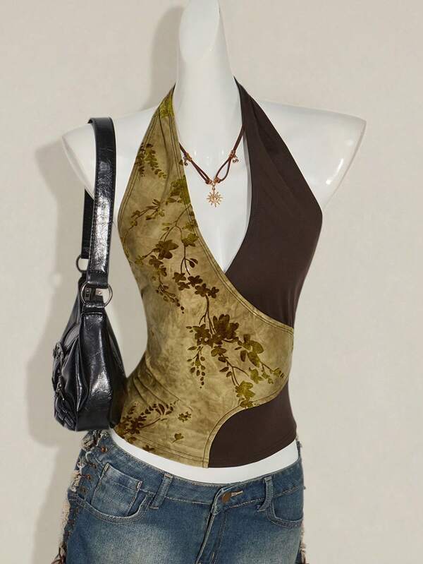 SHEIN ICON Maiou pentru femei, model vintage, material decolorat, cu decolteu în V, cu halter, spate fără bretele, model vintage