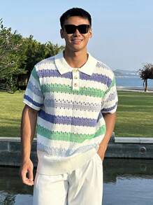 DAZY Men's Three-Quarter Button Up Striped Knit Summer Vacation Beach Blouse - Multicolor - View 4