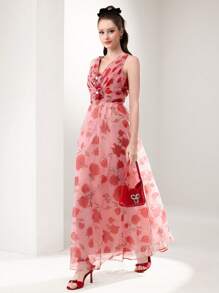 Modelyn Women's Elegant Summer Pink Floral Maxi Dress,V-Neck Sleeveless Wedding Ninang Gown,3D Floral Appliques Pearl Accents Woven Textured Flared Hem Dress - Multicolor - View 4