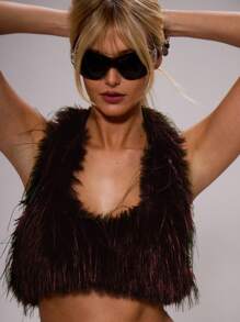 MUSERA Halter Neck Fluffy Sleeveless Crop Top Spring, Summer, Holiday, Festival, Rave, Grunge, Cool Girl, Y2K Fall, Autum, Winter, - Brown - View 2