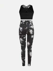 SHEIN Conjunto de top de tirantes de punto de unicolor y leggings efecto tie-dye informal para actividades deportivas y yoga para niña preadolescente
