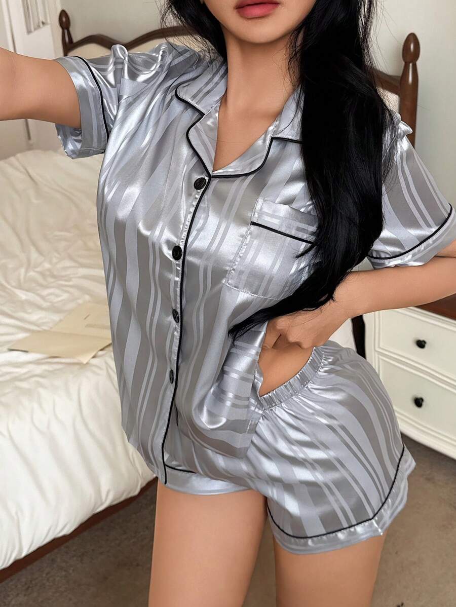 SHEIN 提花条纹短袖短裤女士睡衣套装 - 灰色 - 查看 1