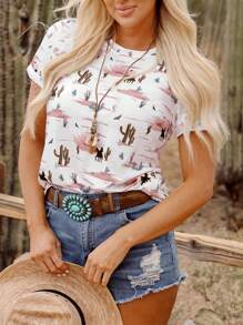 INAWLY Western Cowboy Desert Style, Pink Cactus Print Women's White T-Shirt - White - View 3