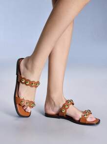 CUCCOO GRLICON 女士平底凉鞋，Y2K 朋克摇滚摩托车风格，夏季时尚 - 棕色 - 查看 3