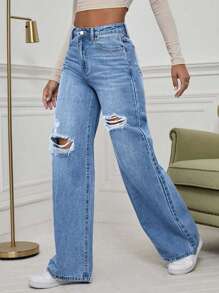 EMERY ROSE Jeans cargo con gamba dritta, design scolorito, vestibilità larga, taglia curvy, outfit da cowgirl in blu chiaro