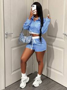 BamGleam 女士 2 件套条纹长袖纽扣上衣和短裤，休闲 - 藍白色 - 查看 3