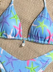 Swim Mod 2pcs Summer Holiday Random Prints Ribbed Texture Seashell Decor Triangle Top And High Cut Bottoms Sexy Bikini Set