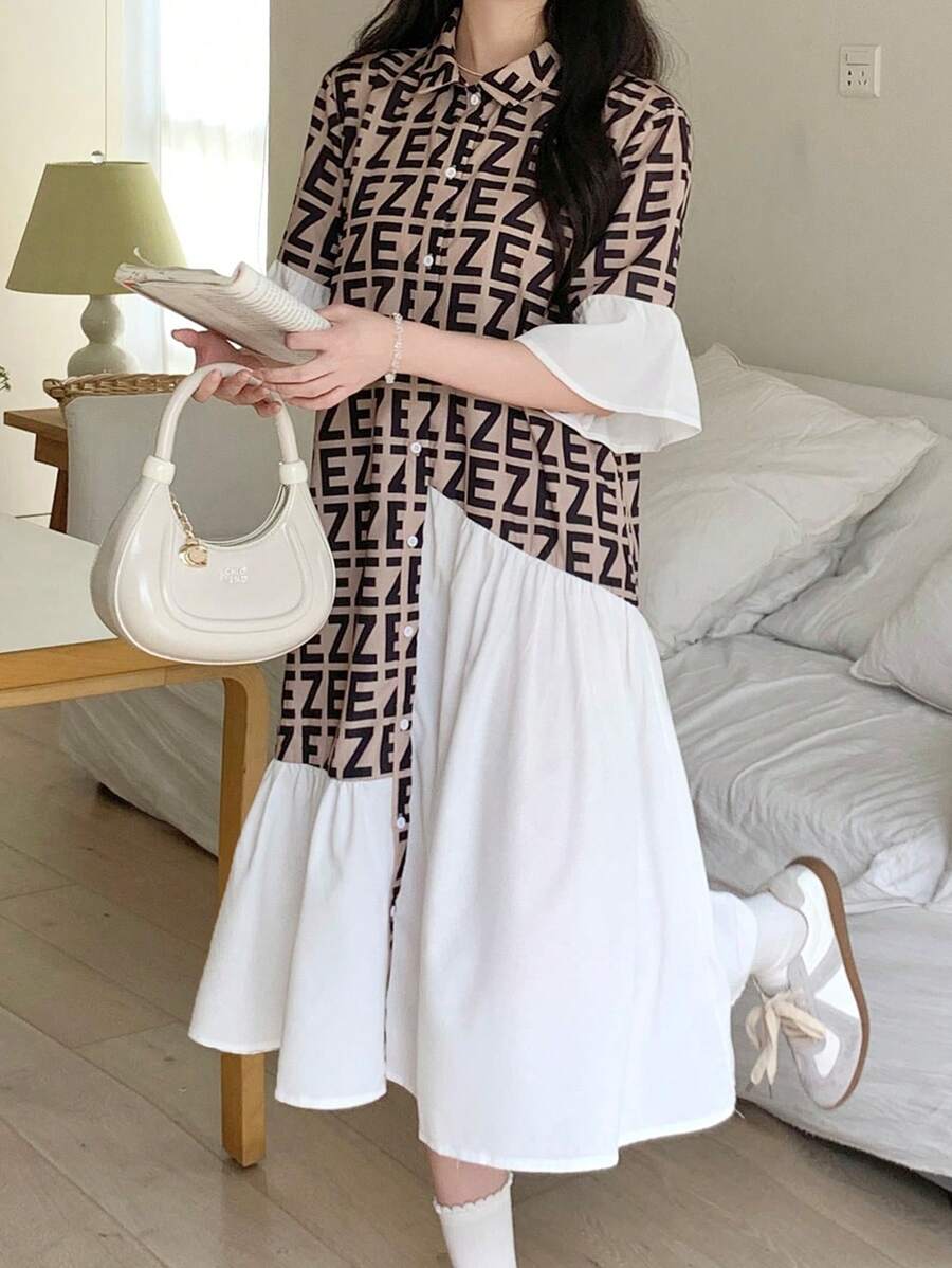 SHEIN Teen Girls Casual Solid Color Woven Flat Plain Contrast Patchwork Ruffle Trim Cute Flare Sleeve Fitted Midi Dress, Suitable For Daily Wear, Casual School, Back-To-School, Valentine's Day, Summer Outfit - Multicolor - View 1