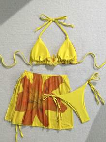 Soleia 3pcs/Set New Vacation Knitted Mesh Yellow Patterned Swimsuit Set - Multicolor - View 2