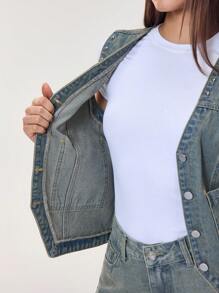 SHEIN BAE Áo khoác denim cổ chữ V cài một hàng khuy đơn giản cho nữ - Rửa nhẹ - Xem 9